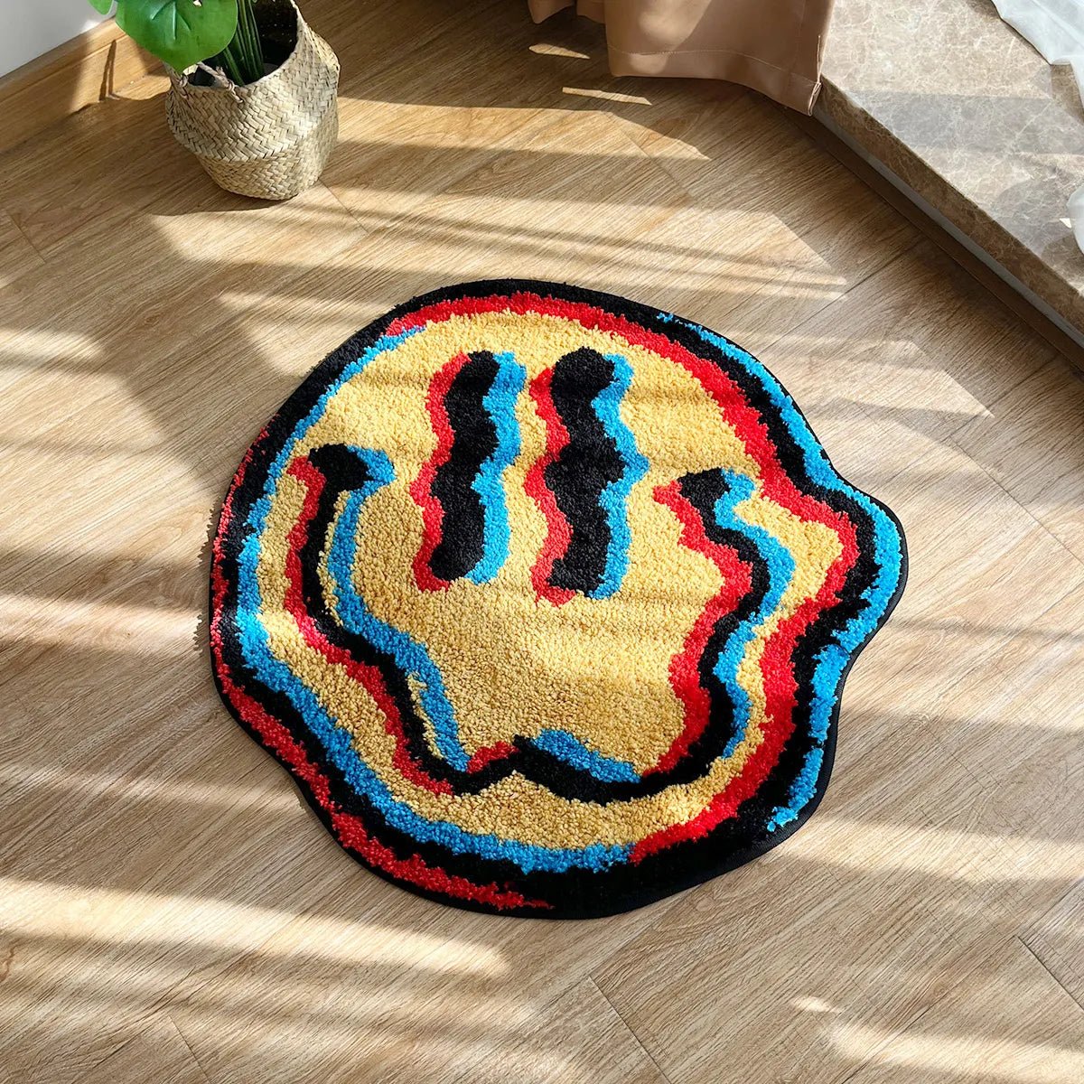 - TRIPPY GLITCH SMILEY FACE RUG - 60x60cm - RugRatz
